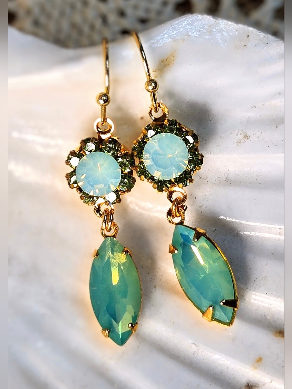 Aqua Green Seafoam Pacific Opal Swarovski Crystals In Gold Plated Drop Earrings